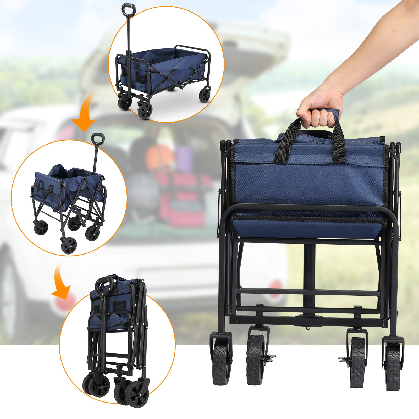 29x18x33in Blue Fabric, Black Frame, 600D Oxford Cloth, Steel Frame, Small Wheels, Flat Fold, Garden Folding Car, 220lbs - Izzy's Market