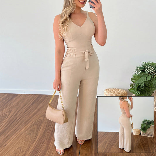 Women's Solid Color Slim Elastic Pleated Two-Piece Suit Sexy Spaghetti Strap V-neck Backless Vest High Waist Wide Leg Pants Suit - Izzy's Market
